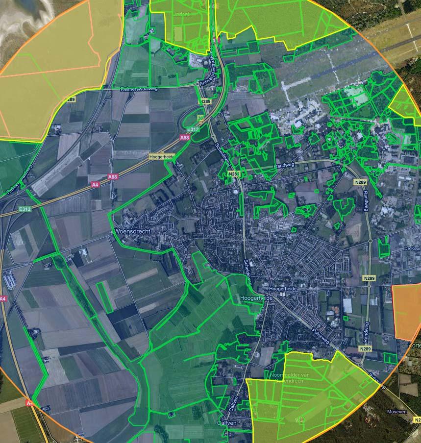 Ecologische hoofdstructuur = groen Natura 2000 = geel