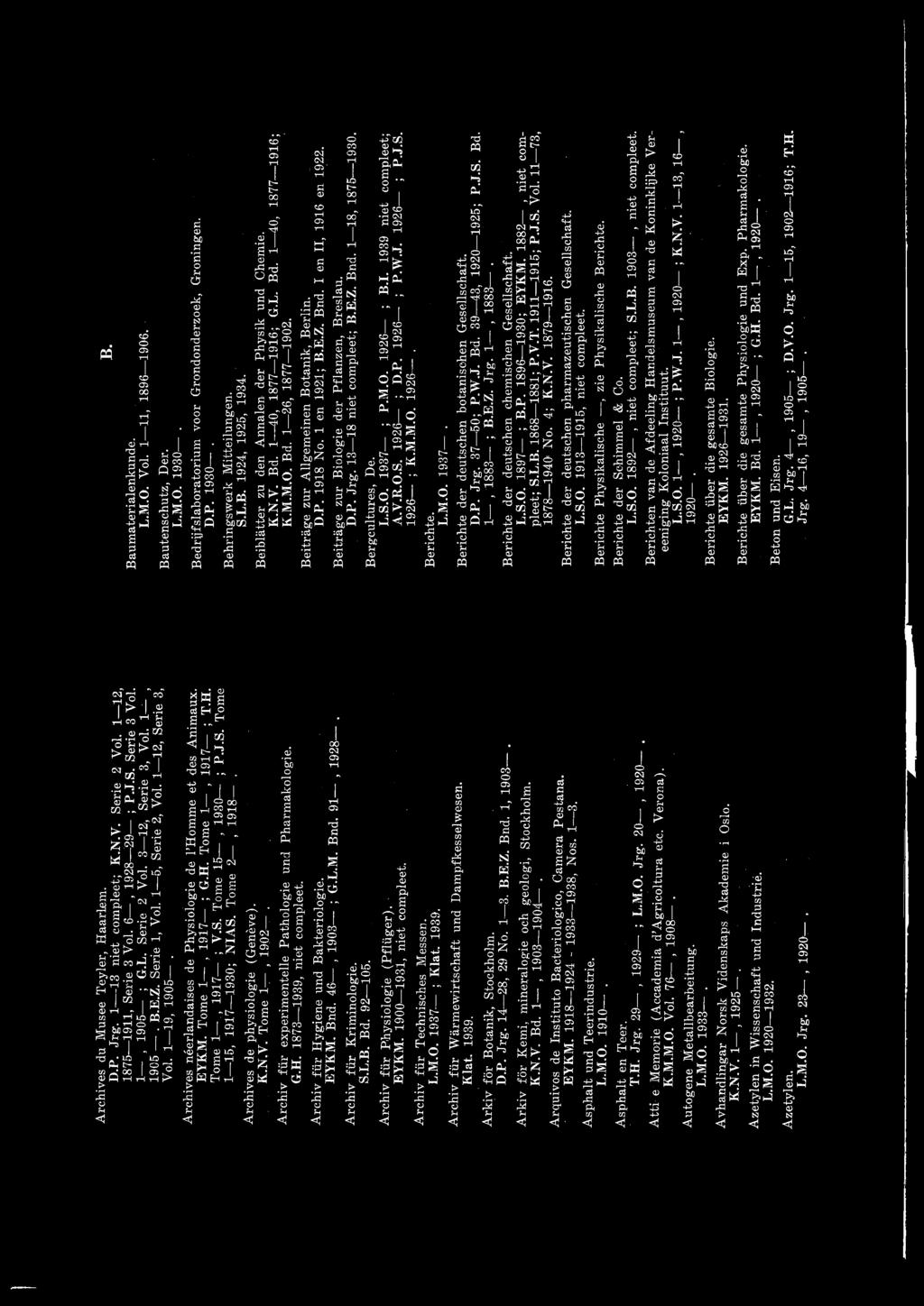 1 en 192'1; B.E.Z. Bnd. I en II, 1916 en 1922. Beitr2~ge zur Biologie der Pflanzen, Breslau. D.Y. Jrg. 13-18 niet compleet; B.E.Z. Bnd. 1-18, 1875-1930. Bergcultures, De. L.S.O. 1937 P.M.O. 1926 B.I. 1939 niet compleet; A.