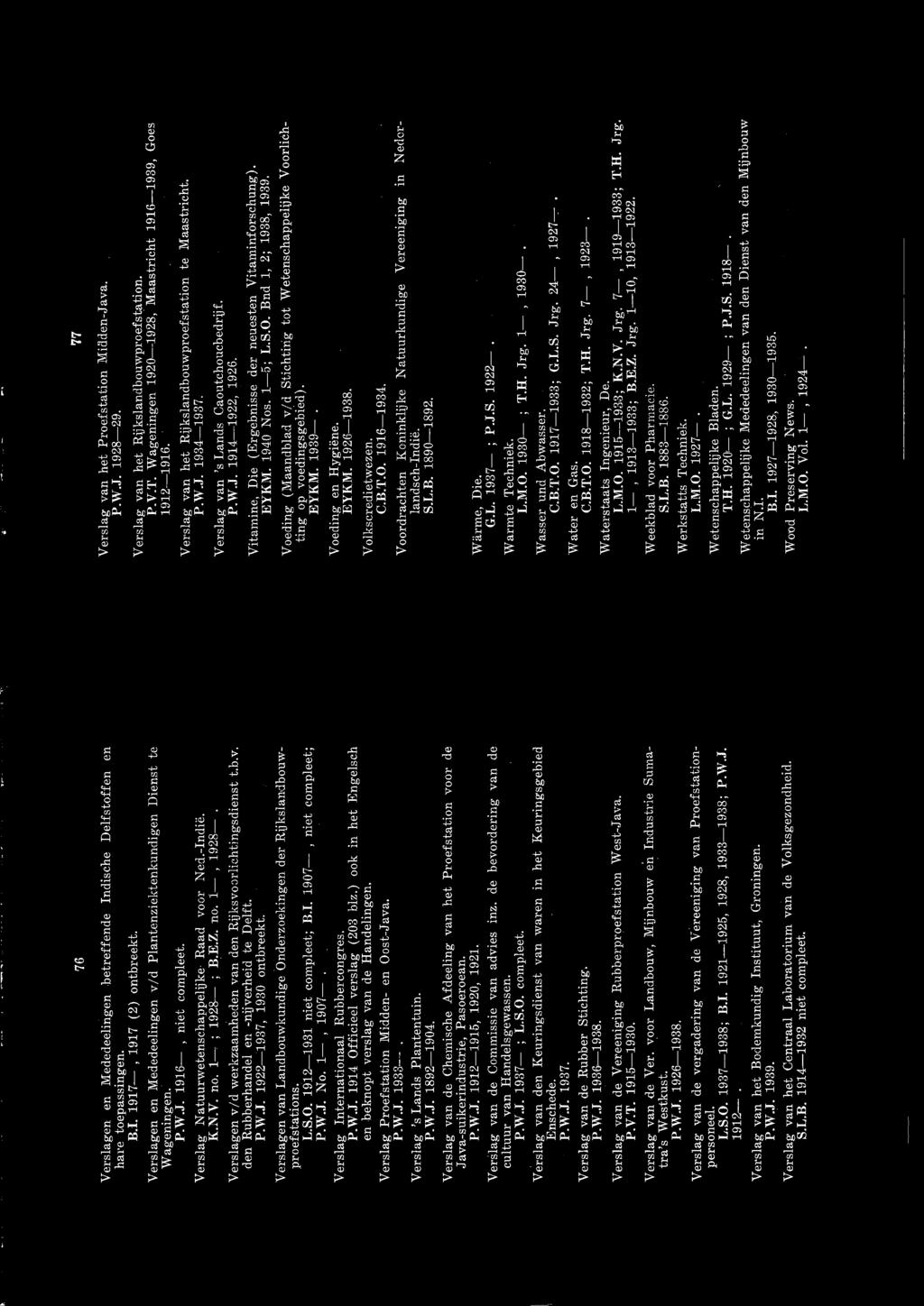 P.W.J. 1922-1937, 1930 ontbreekt. Verslagen van Landbouwkundige Onderzoekingen der Rijkslan~3bouwproefstations. L.S.O. 1912-1931 niet compleet; B.I. 1907,niet compleet; P.W.J. No. 1 1907.