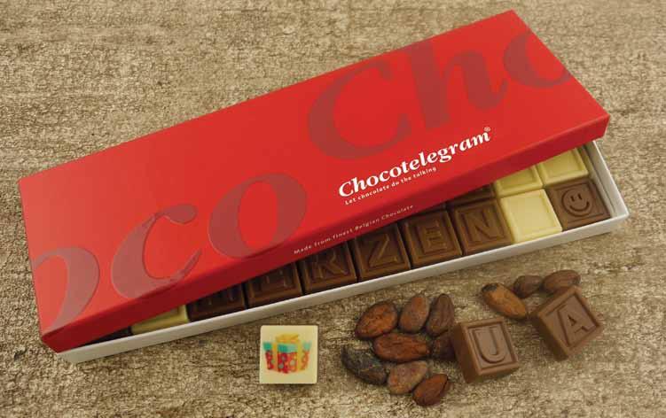 Chocotelegram in geschenkdoos groot Lange teksten, een bedrijfsnaam of iets méér te vertellen? Kies dan voor de uitvoering waarin rijen van 10 smakelijke chocolade blokjes je tekst vormen.
