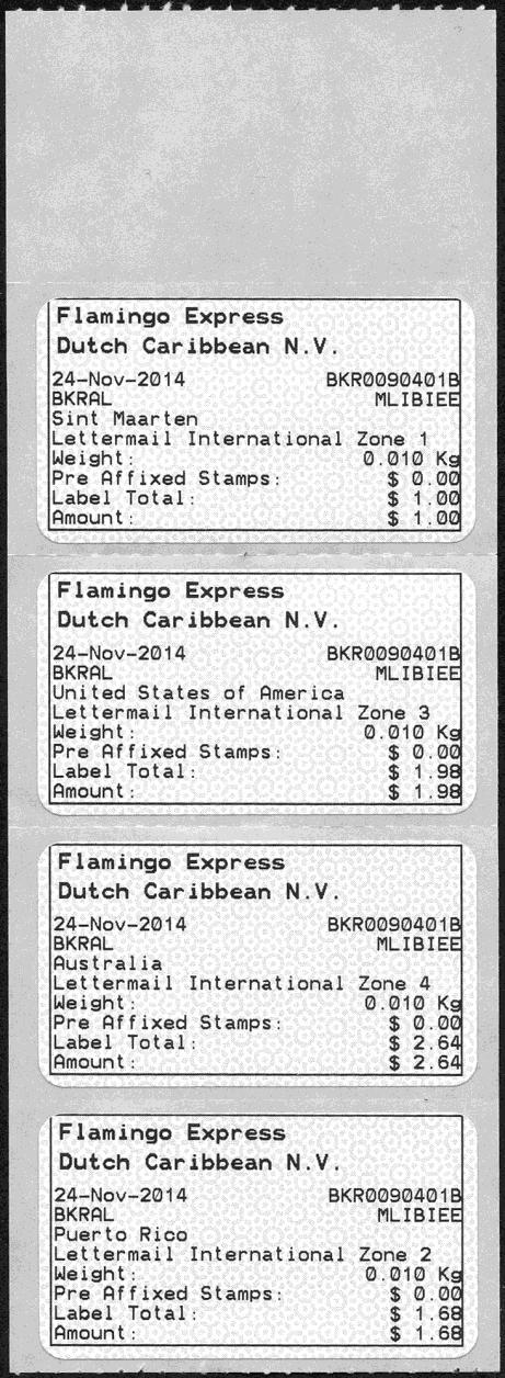 94 was, moest nog $1.06 worden bijbetaald. De machine print tarieven naar Zones 1, 2, 3 en 4 (afb.15). Afb.14: Pre Affixed Stamps Afb.