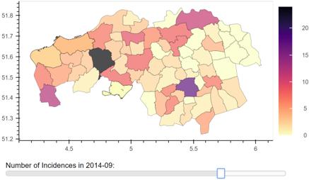 Visualisatie tool Donkere gemeentes hebben een grotere kans op een uitbraak (+1 maand).