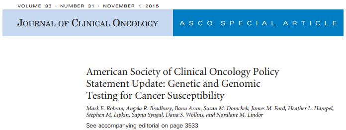 J Clin Oncol, 2015, 33(31): 3660-3667 ASCO supports the communication to patients of medically relevant incidental findings from somatic mutation profiling conducted in the clinical setting Oncology