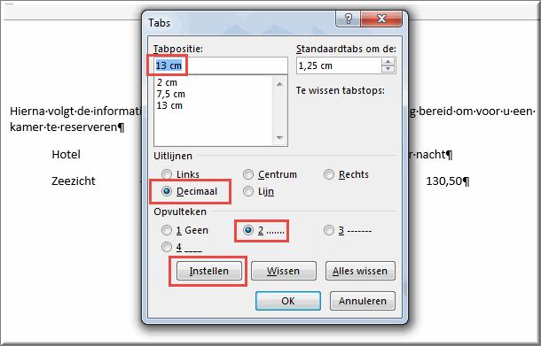 7. Typ 13 cm in het vak 'Tabpositie.