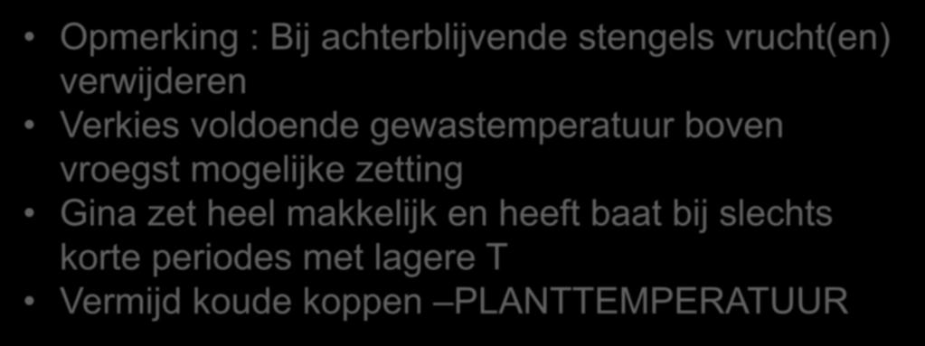 TEMPERATUUR IN C Teeltstrategie Opmerking : Bij achterblijvende stengels vrucht(en) verwijderen Verkies voldoende gewastemperatuur boven vroegst mogelijke zetting Gina zet heel makkelijk en heeft