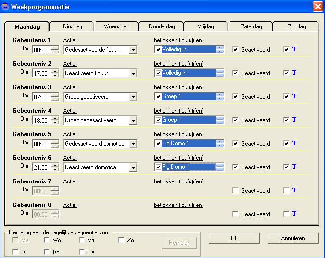 8. Programmeren van een Weekprogramma De volgende programma s kunnen ingesteld worden: Activeren/deactiveren figuur: op een bepaald tijdstip een figuur in- of uitschakelen Activeren/deactiveren
