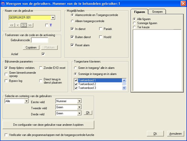 b. Standaard gebruiker Het onderstaande blad is dat van een gewone gebruiker. Hier kan je bepalen wat de gebruiker kan/mag. Belangrijk zijn de opties in dienst, buiten dienst, reset alarm.