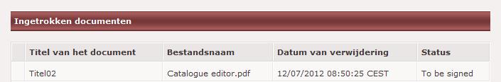 De verwijderde documenten verschijnen in de sectie Ingetrokken documenten op het tabblad Mijn offerte/aanvraag tot deelneming, maar worden pas definitief verwijderd wanneer het indieningsrapport