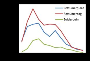 Trends in seizoensgemiddelden Scholekster voor Rottumerplaat en Rottumeroog/Zuiderduin (boven), seizoensverloop (midden) en aantallen op de Rottums ten opzichte van de Waddenzee (onder).