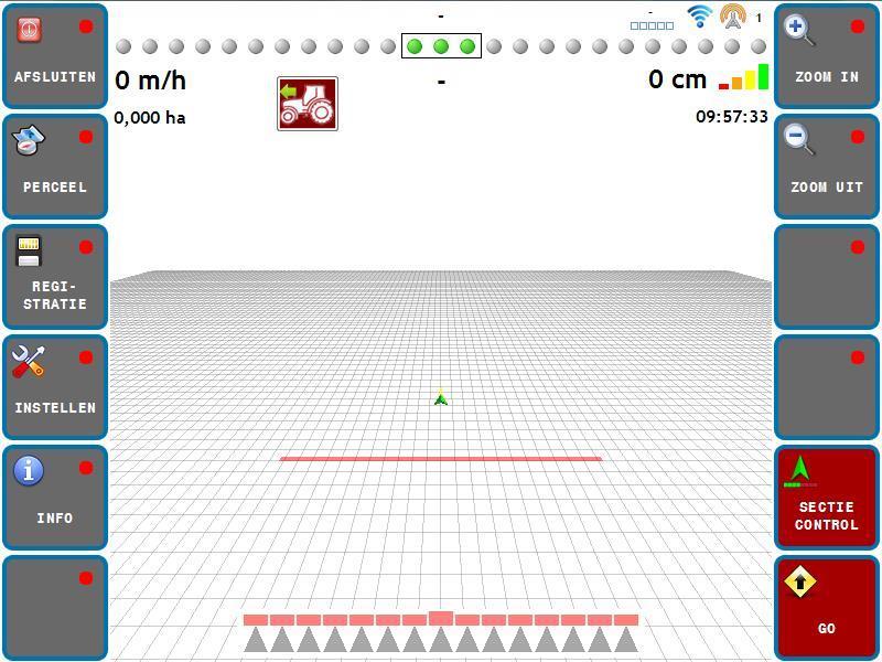 1. Functies Bij het starten van SBGuidance wordt automatisch de sectieconfiguratie geladen. De configuratie wordt onderin het scherm weergegeven in de vorm van spuitkegels per sectie (Figuur 1).