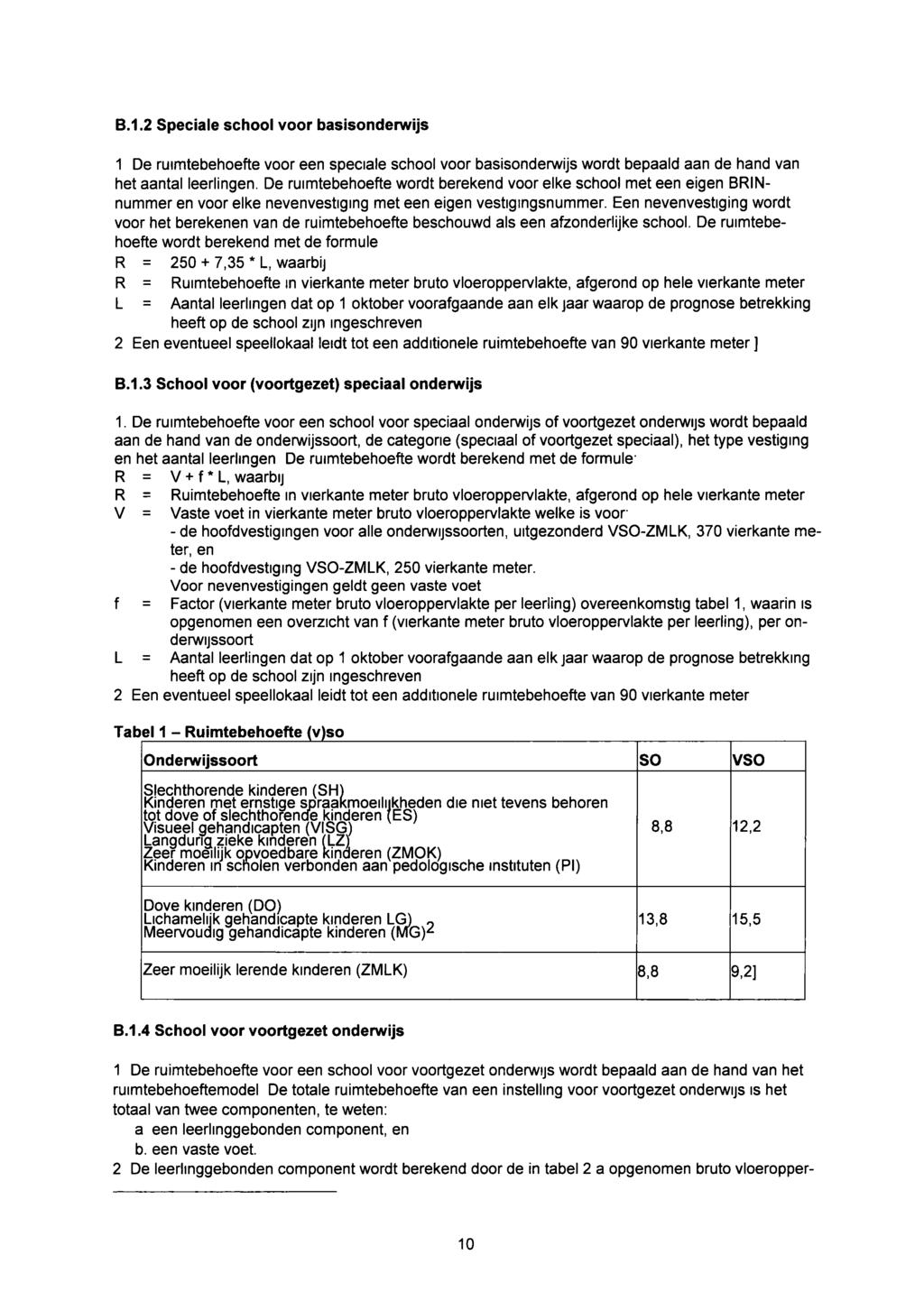 B.1.2 Speciale school voor basisonderwijs 1 De ruimtebehoefte voor een speciale school voor basisonderwijs wordt bepaald aan de hand van het aantal leerlingen.