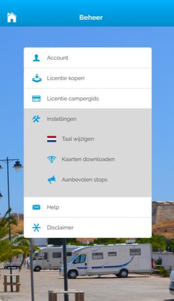 Instellingen Hier worden de instellingen getoond die je binnen de Camperstop-App kunt aanpassen. Taal wijzigen Door op de getoonde taal te klikken, kun je de taal van de Camperstop-App wijzigen.