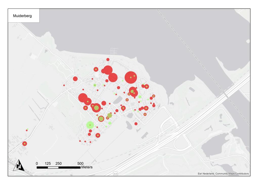 2.3 Resultaten geluidsoverlast van vliegtuigen in Muidenberg Postcodelocaties zijn verkregen via BAG en Geodienst (RUG) In bovenstaande afbeelding is zichtbaar waar geluidshinder van vliegtuigen in