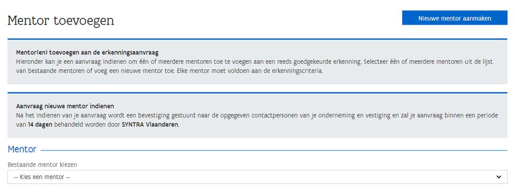 Kies bij de zoekcriteria de status Goedgekeurd en klik op zoeken. Open de detailpagina van de erkenning waarbij je een mentor wil toevoegen met een klik op het oogsymbool.