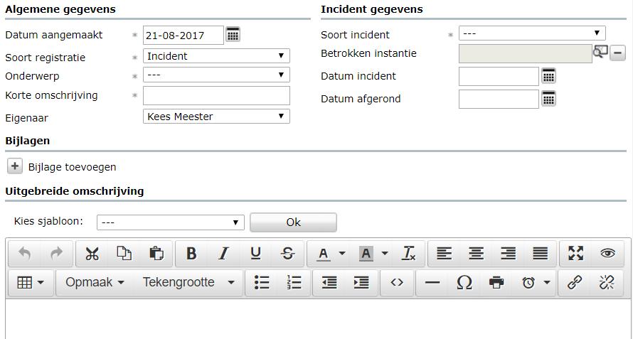 2.1.5. Incident Onder Incident kunt u registraties van incidenten vastleggen.
