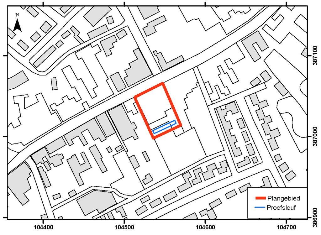 4. Resultaten IVO-P 4.1 Uitvoering onderzoek De proefsleuf is aangelegd ter plaatse van het parkeerterrein, aan de zuidkant van de Aldi supermarkt. De proefsleuf had een omvang van 25 x 3.5-4.