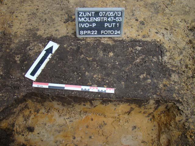 Spoor nr. 22 Dit spoor betrof een dierbegraving in een kuil met een omvang van 1.3 x 1.2 meter en een (nog) maximale diepte van 0.14 meter.