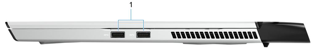Weergaven van Alienware m17 R2 Links 1 Sleuf voor beveiligingskabel (wigvorm) Sluit een beveiligingskabel aan om onbevoegd verplaatsen van uw computer te voorkomen.