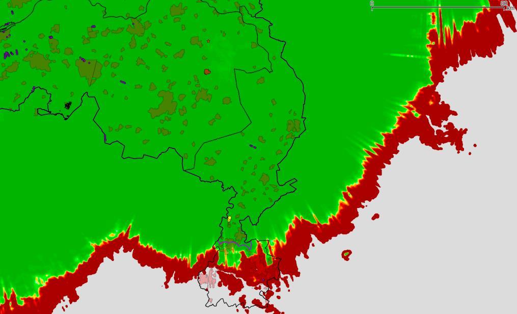 Pd 100% Radarpositie MASS Volkel 14/15 90% Windpark Holtum-Noord 80% <70% Figuur 10 Detectiekans van het primaire verkeersleidingsradarnetwerk berekend op 1000 voet