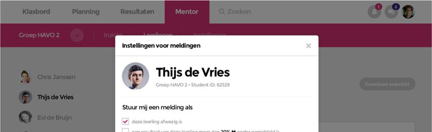 Mentor instellingen voor meldingen Als een mentor direct geattendeerd wil worden bij