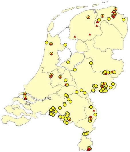 Vangsten aan de Oude Maas. Groene cirkels: vanglocaties. Rode driehoekjes: vangsten van Noordse woelmuis.