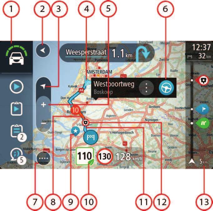 Wat staat er op het scherm van de TomTom Navigatie app? De kaartweergave De kaartweergave wordt getoond wanneer je geen route hebt gepland.