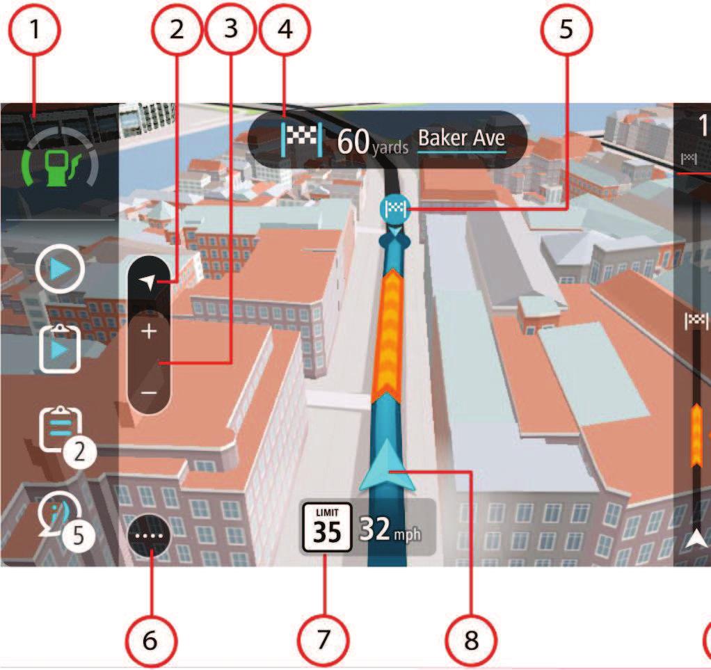 De reisbegeleidingsweergave De reisbegeleidingsweergave wordt gebruikt om je via de route naar je bestemming te leiden. De reisbegeleidingsweergave wordt getoond wanneer je begint te rijden.