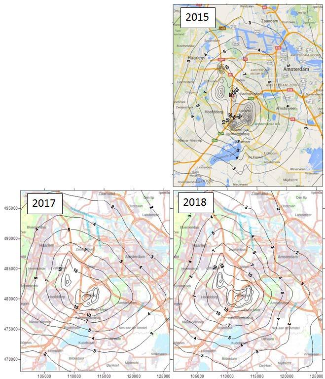 Figuur 6. De jaargemiddelde bijdrage van vliegverkeer op Schiphol aan de concentratie van ultrafijn stof (in 1.-tallen), berekend voor 215 (Bezemer et al.