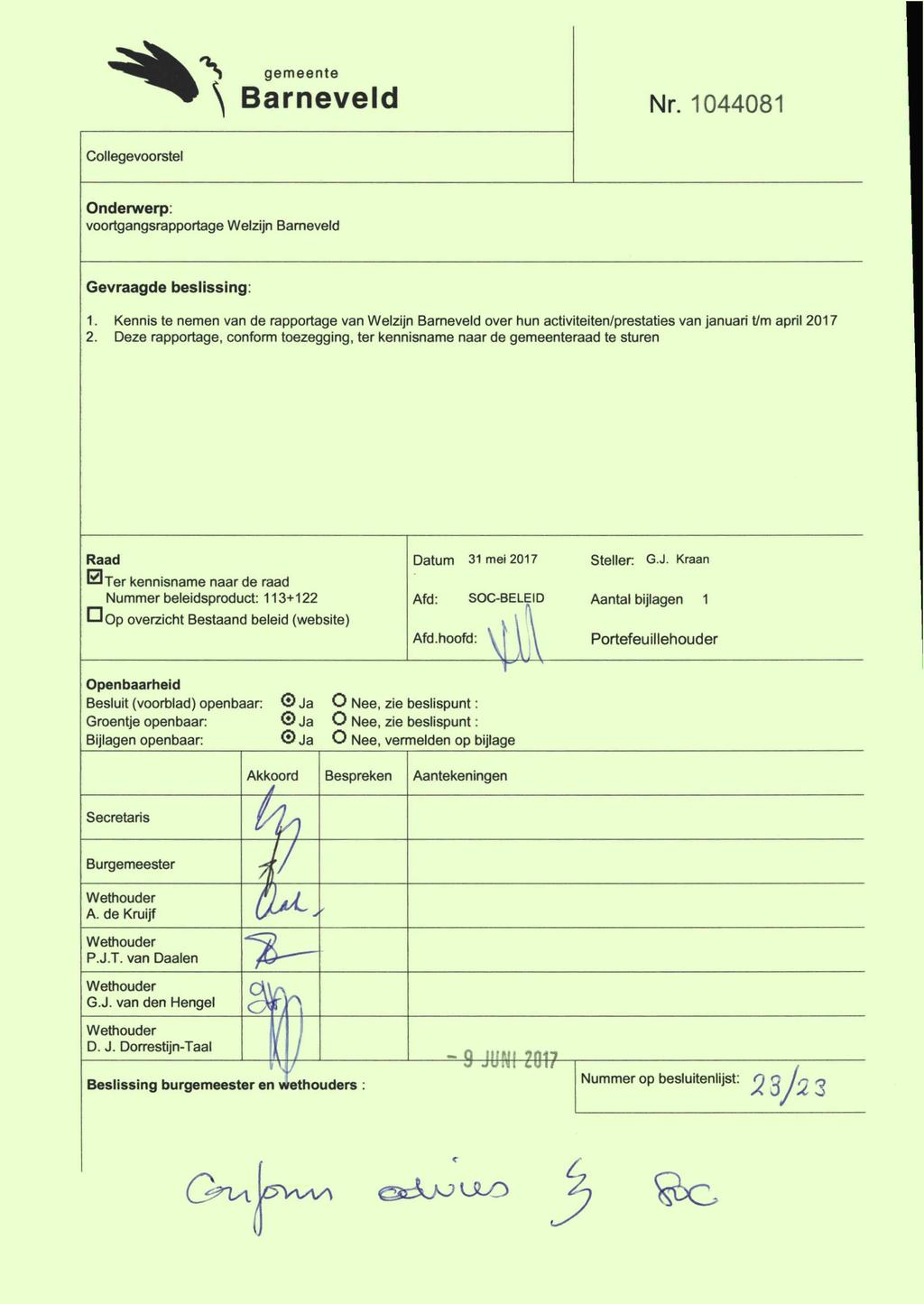 gemeente Barneveld Nr. 1044081 Collegevoorstel Onderwerp: voortgangsrapportage Welzijn Bameveld Gevraagde beslissing: 1.