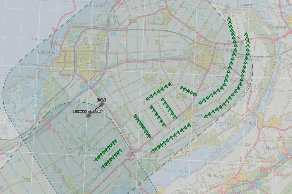 NLR-CR-2018-368 oktober 2018 NE-sector (1.800ft) 248m SE-sector (1.500ft) 157m Figuur 3-5: Beschermingsgebieden van de NE en SE MVA-sectoren en de daaruit volgende maximale tiphoogtes 3.