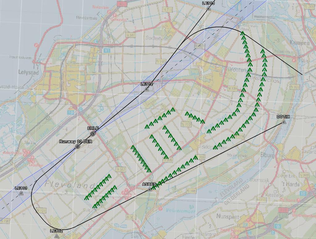 oktober 2018 NLR-CR-2018-368 De gewenste tiphoogte van deze turbine is 245.3m. De afgelegde weg tot deze turbine is circa 21,5km. Hieruit is af te leiden dat de turbine onder het klimvlak van 1.