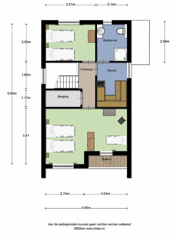 Hal = 5,15 m² Berging 1 = 3,47 m² Berging 2 = 2,01 m² Terras: = 8,26 m² Woning Type 1-1e verdieping Slaapkamer 2: = 19,01 m² Slaapkamer 3: