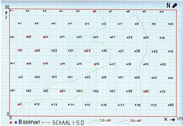 2. Methoden van onderzoek 2.1 Boringen Er zijn 80 boorpunten uitgezet in een 10 bij 12.5 meter grid (fig. 2). Van elk boorpunt is de NAPhoogte bepaald.