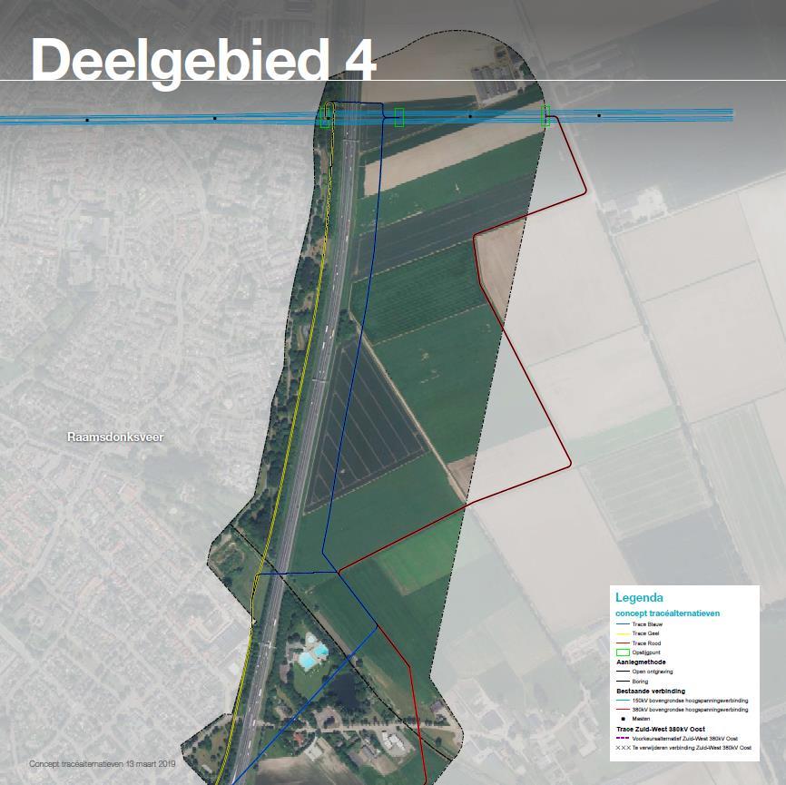 PAGINA 10 van 14 6. Deelgebied 4 Tijdens het ontwerpatelier zijn in deelgebied 4 drie tracéalternatieven ontstaan, namelijk Geel, Blauw en Rood.