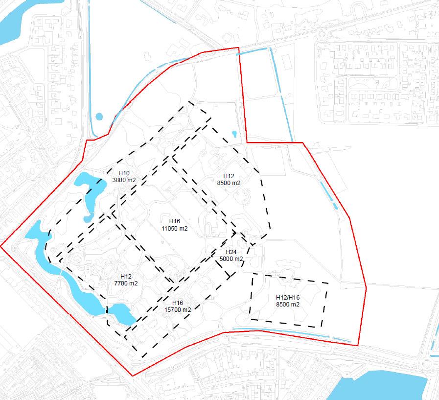 De vijverpartijen blijven in dit vlekkenplan behouden met dezelfde omvang van circa 14.000 m 2.