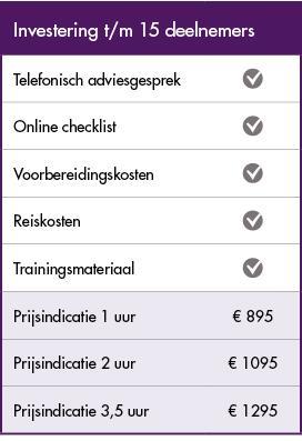 Prijzen De uiteindelijke investering is afhankelijk van groepsgrootte en duur van de workshop. De genoemde prijzen zijn exclusief 21% btw.