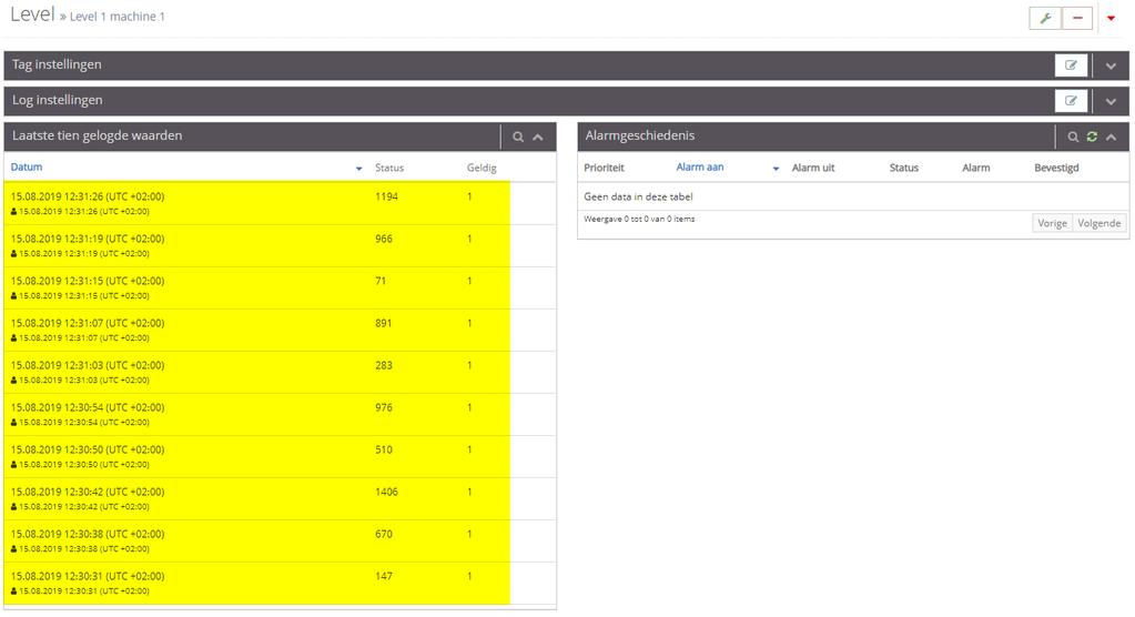 7. Data log bekijken via het remote service portaal Onderstaand zijn de 10 laatst gelogde waarden te zien van deze tag.