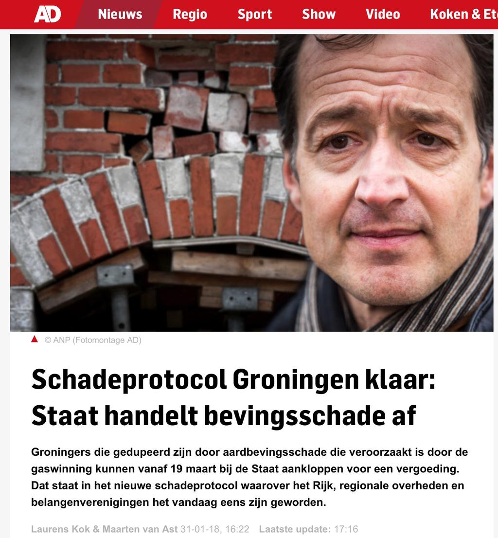 Hoe het begon Na jaren discussie, op 31 januari 2018 nieuw schadeprotocol en -besluit De overheid neemt de schadeafhandeling in Groningen op zich en NAM wordt op afstand geplaatst.