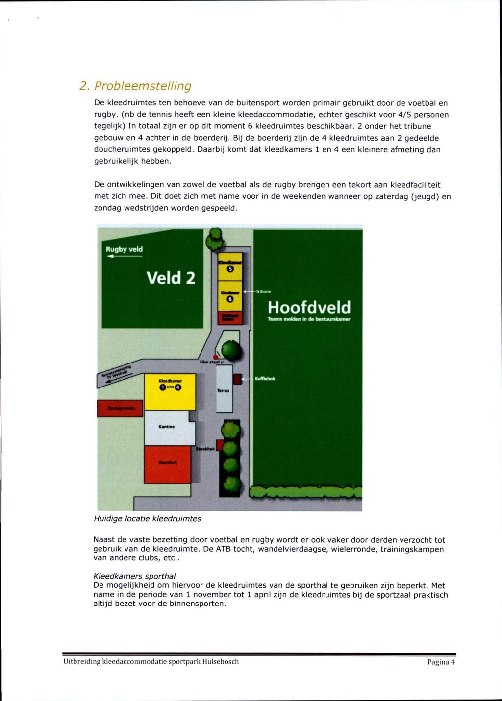 2. Probleemstelling De kleedruimtes ten behoeve van de buitensport worden primair gebruikt door de voetbal en rugby, (nb de tennis heeft een kleine kleedaccommodatie, echter geschikt voor 4/5