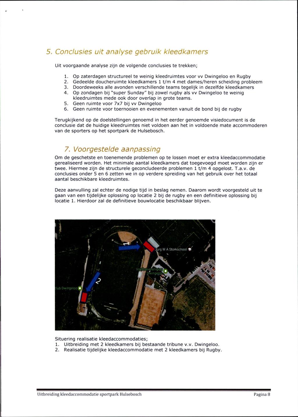 5. Conclusies uit analyse gebruik kleedkamers Uit voorgaande analyse zijn de volgende conclusies te trekken; 1. Op zaterdagen structureel te weinig kleedruimtes voor vv Dwingeloo en Rugby 2.