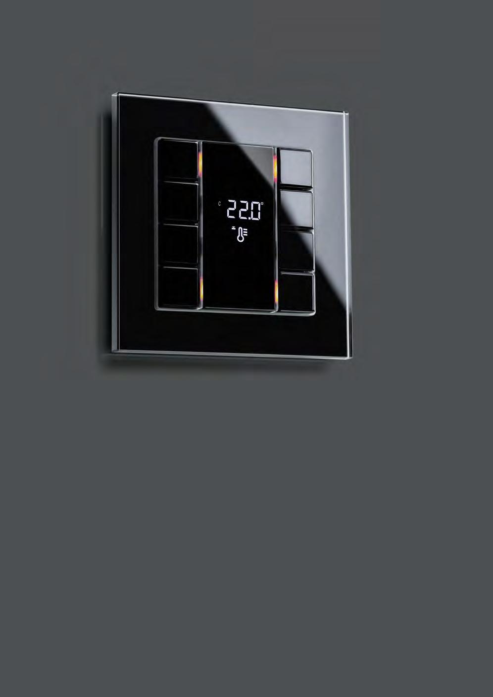 26 TASTERS/RUIMTECONTROLLERS RUIMTECONTROLLER COMPACT F 50 A creation in zwart met glazen frame Verhelderend: de RGB-leds Tasters F 50 Universeel hebben een bedrijfs-led en voor elke tasterknop een