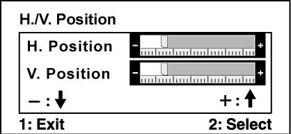 Verklaring bedieningselementen Manual Image Adjust (Beeld handmatig aanpassen) Horizontal Size (Horizontal formaat) past de breedte van het schermbeeld aan. H./V.
