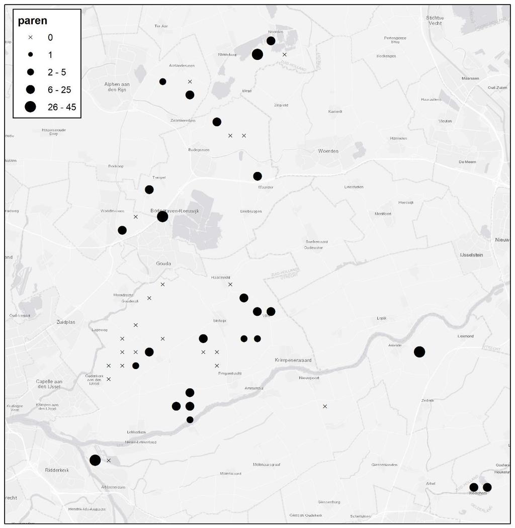 Figuur 2. Verspreiding van de zwarte stern in Zuid-Holland in 2018 per km hok. Op de plekken met een x lagen nestvlotjes maar vestigden zich geen zwarte sterns.