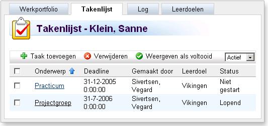 2. Takenlijst De takenlijst kan gebruikt worden om een student individuele opdrachten/taken te geven eventueel gekoppeld aan een leerdoel.