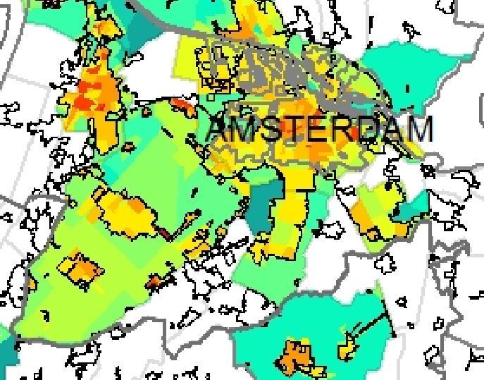 Figuur 3.4 Hittestress landelijk beeld (bron: Climate Proof Cities, oktober 2011) De figuur toont dat met name de bedrijventerreinen in Hoofddorp met toenemende hitte te maken krijgen.