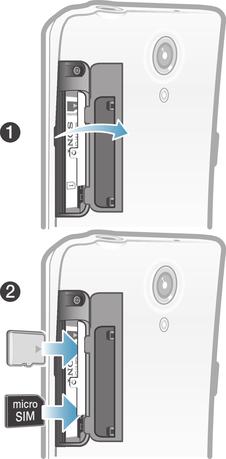 Assembleren De geheugenkaart en micro-sim-kaart plaatsen 1 Verwijder het klepje voor de geheugenkaart en de micro SIM-kaart. 2 Plaats de geheugenkaart en de micro SIM-kaart in de relevante sleuven.