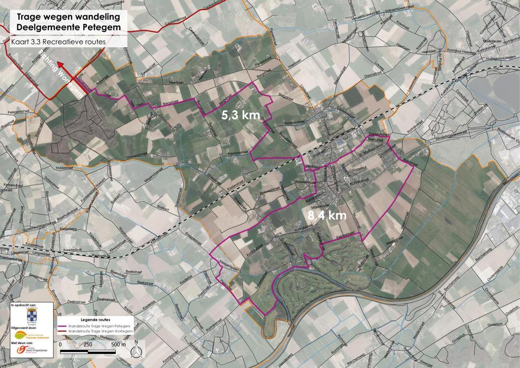 7. Trage wegen wandeling Na de werkgroepvergadering, waarin alle adviezen werden geformuleerd, werd er (naar voorbeeld van het vorige deelgebied Wortegem) een trage wegen wandeling uitgetekend.