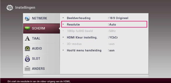 16 Aansluiten 2 Aansluiten De resolutie instellen De speler voorziet in verschillende uitgangresoluties voor HDMI OUT-uitgangen. U kunt de resolutie veranderen via het menu [Instellingen]. 1.