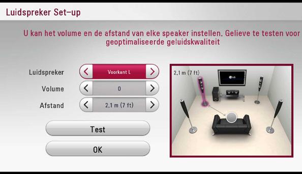 28 Systeeminstellingen Luidspreker Set-up Voor een zo goed mogelijke geluidsweergave kunt u het scherm Speaker Setup gebruiken om het volume van de aangesloten luidsprekers en de afstand van de