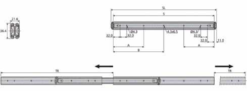richtingen Vergrendeling in middelste stand 2 mm meer dan volledig uittrekbaar Raildikte 21,6 mm Railhoogte 6,4 mm Staal licht verchroomd Uittreklengte:
